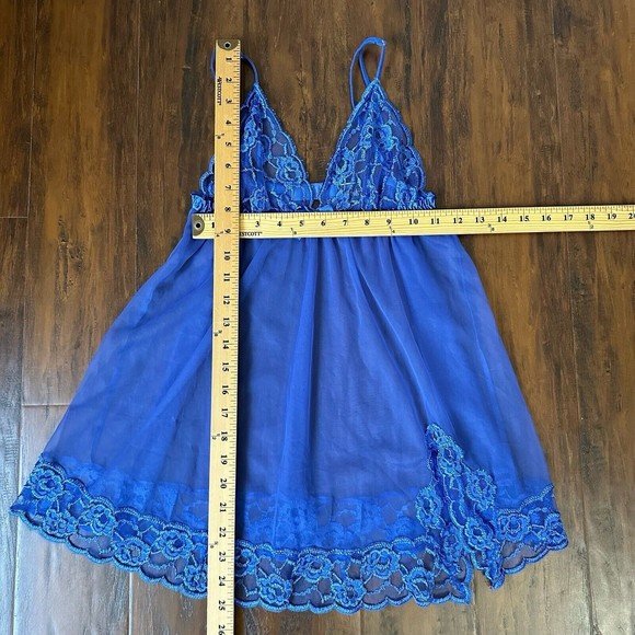 VINTAGE FREDERICKS OF HOLLYWOOD Lace See-Through Babydoll Chemise Slip Blue - Picture 10 of 10